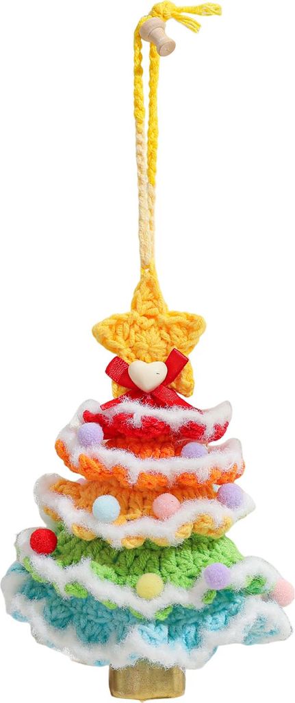 Gestrickter Weihnachtsbaumschmuck, mehrlagiger Mini-Häkel-Weihnachtsbaum, hängende Dekoration mit Glocke und Sternspitze, bunter kleiner Weihnach...