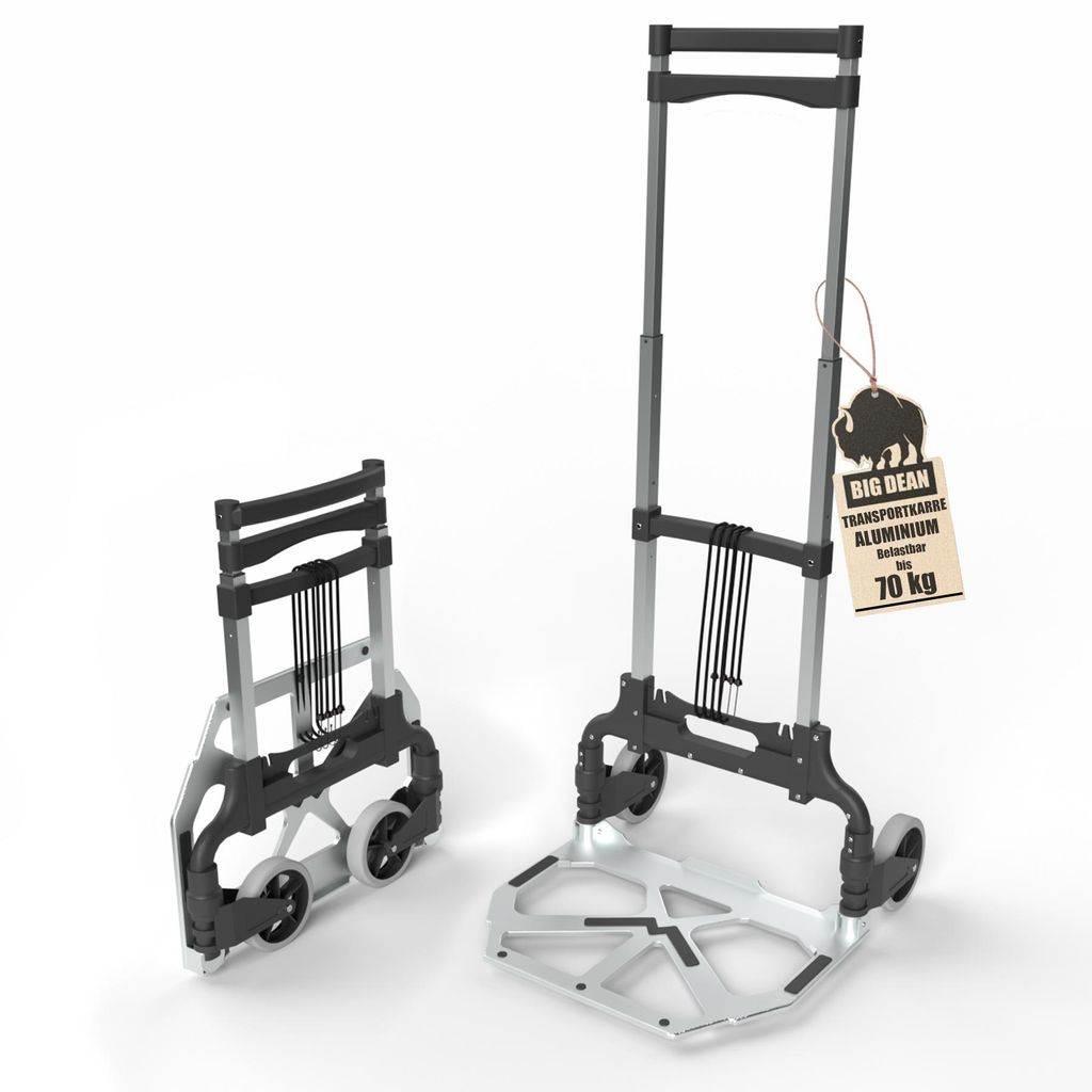 BigDean Aluminium Transportkarre klappbar belastbar bis 70kg - Sackkarre klappbar - Anti-Rutsch-Pads Teleskop-Griff leise Soft-Räder+ 2 Expanderseile