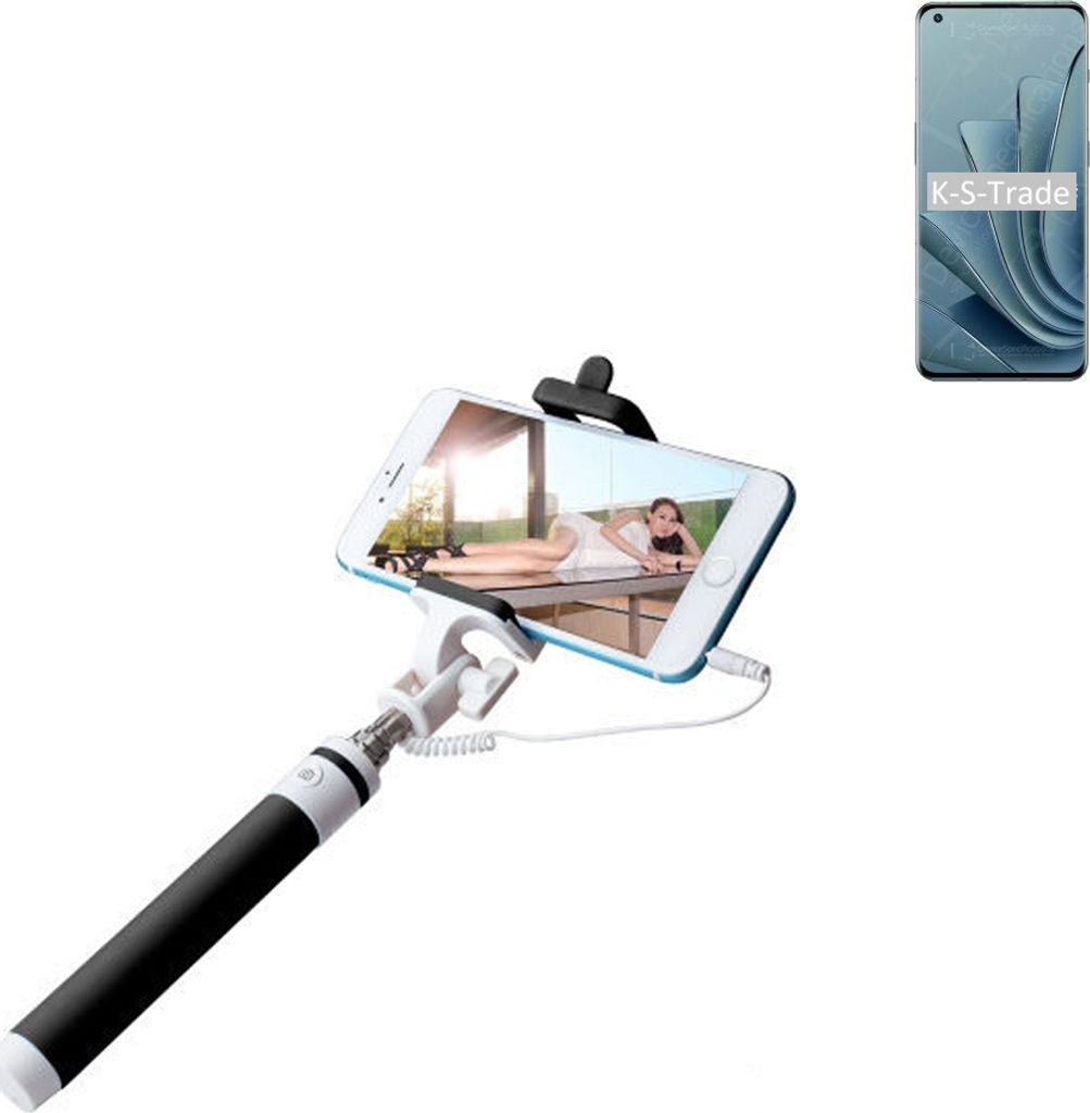 K-S-Trade Selfie Stick kompatibel mit OnePlus 10 Pro Selfiestick kabelgebunden Monopod mit Kabel Stab Stange Selfportrait Handheldstick schwarz 1x