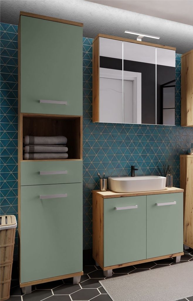 Badezimmer-Set >Veris< (3-teilig) in Artisan Eiche Nachbildung / Salbei, Holzwerkstoff
