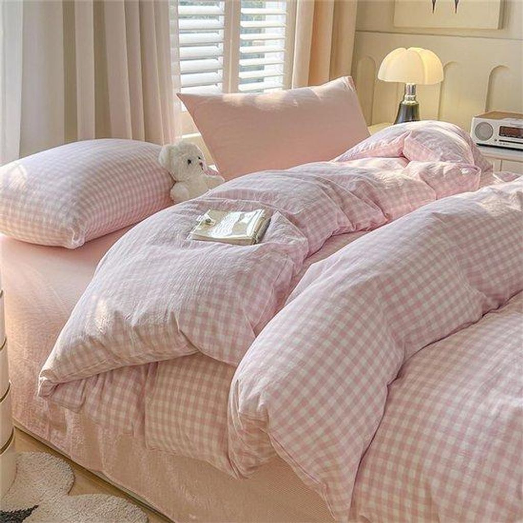 Unyqoos Pink karierte Mikrofaser-Kinderbettwäsche mit Reißverschluss