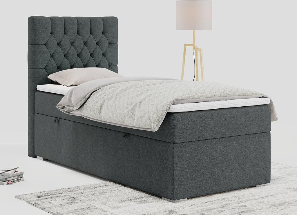 Einzelbett - Boxspringbett 90x200 mit Bettkasten und Matratzentopper - PERA 90 - links - Dunkelgrau - H3
