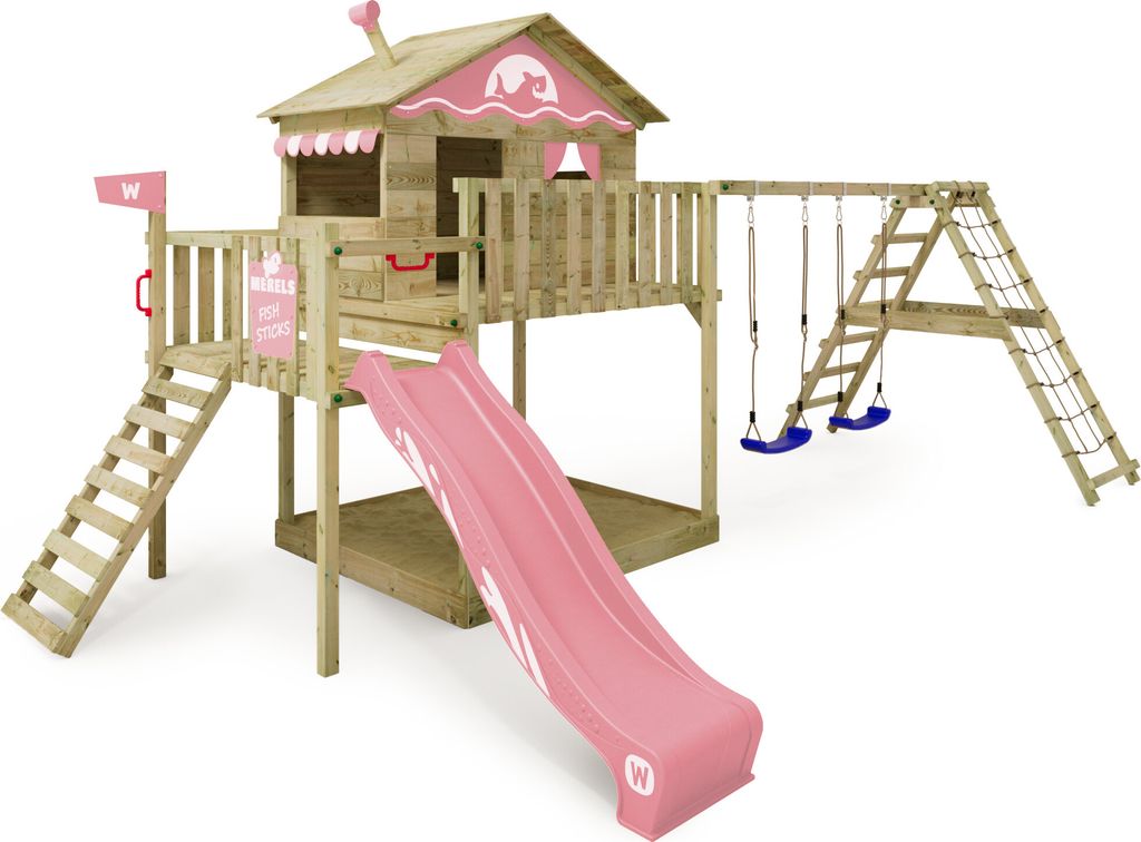 WICKEY Spielturm Klettergerüst Smart Ocean mit Schaukel & Rutsche, Stelzenhaus mit Sandkasten, Kletterleiter & Spiel-Zubehör – pastellpink