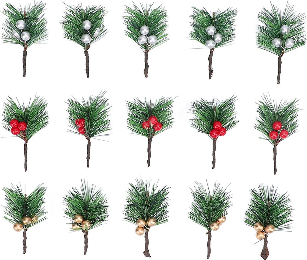 15 Stück Weihnachts-Stechpalmenbeeren, Tannennadeln, künstliche Rot-Silber-Gold-Picks für die Weihnachtsdekoration