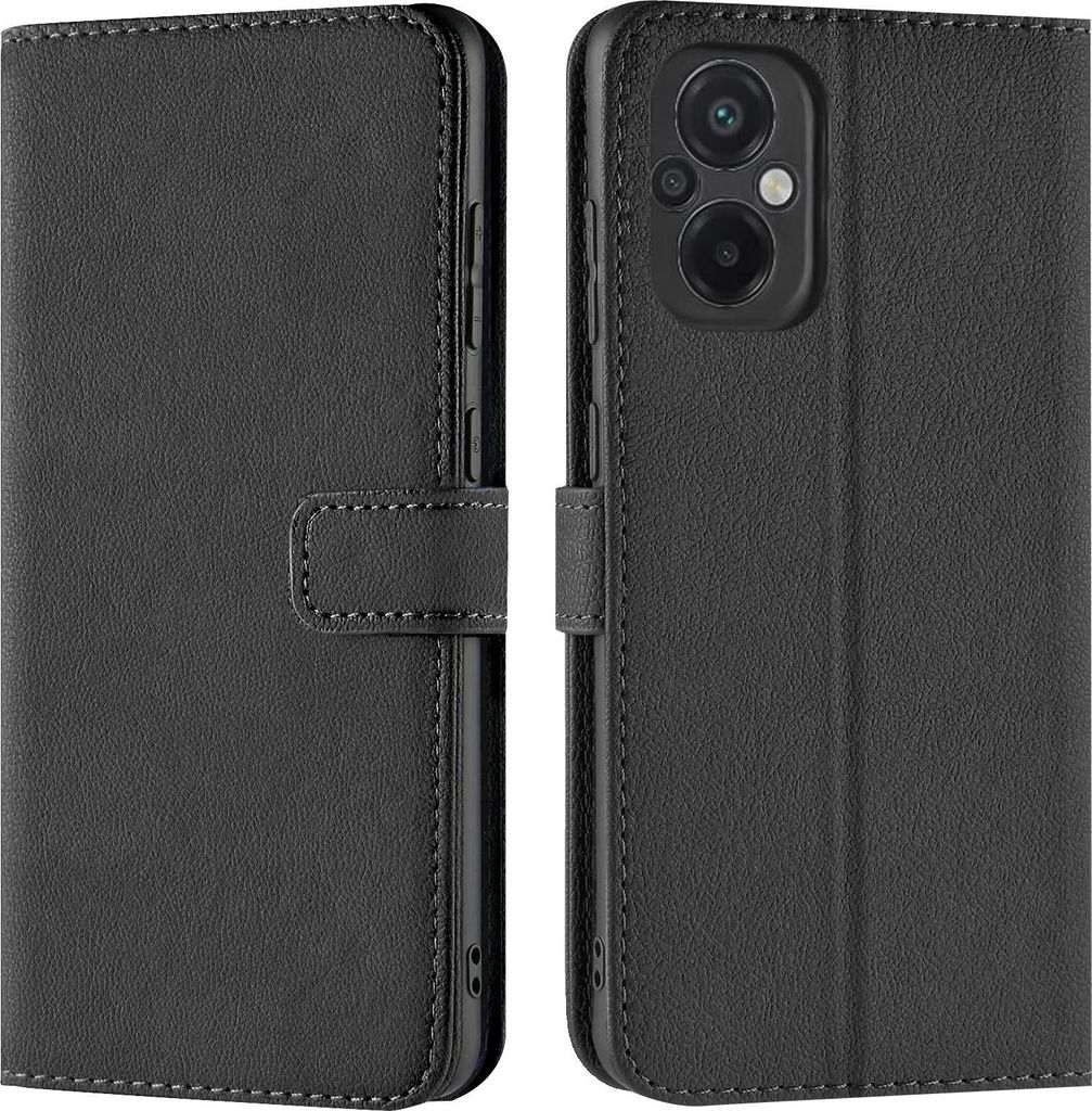 A black flip case for a smartphone is shown from two angles, closed and open.