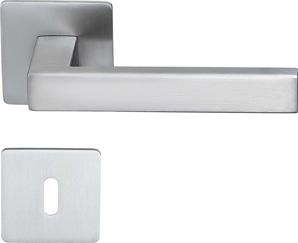 A door handle set with a square escutcheon plate.