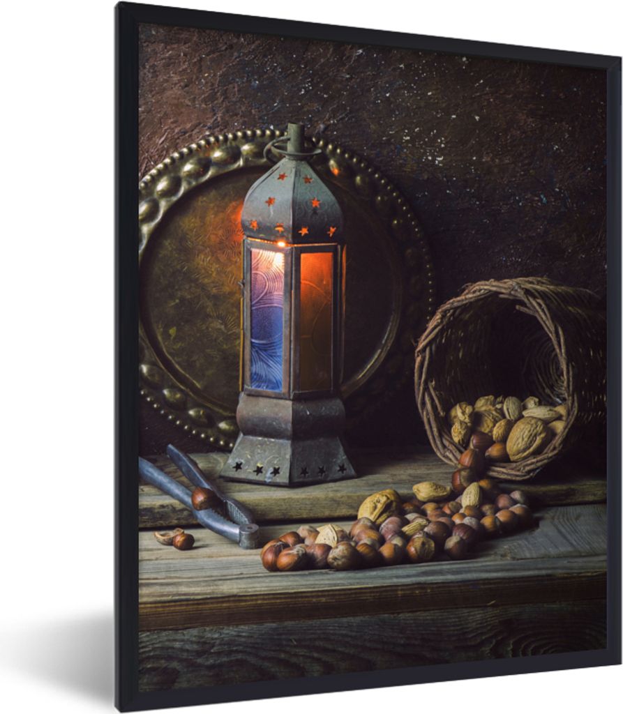 MuchoWow Gerahmtes Poster Buch - Stilleben - Walnuss - Laterne - Vintage 60x80 cm - Poster mit Schwarzem Bilderrahmen Wandposter Rahmen Foto Bild...
