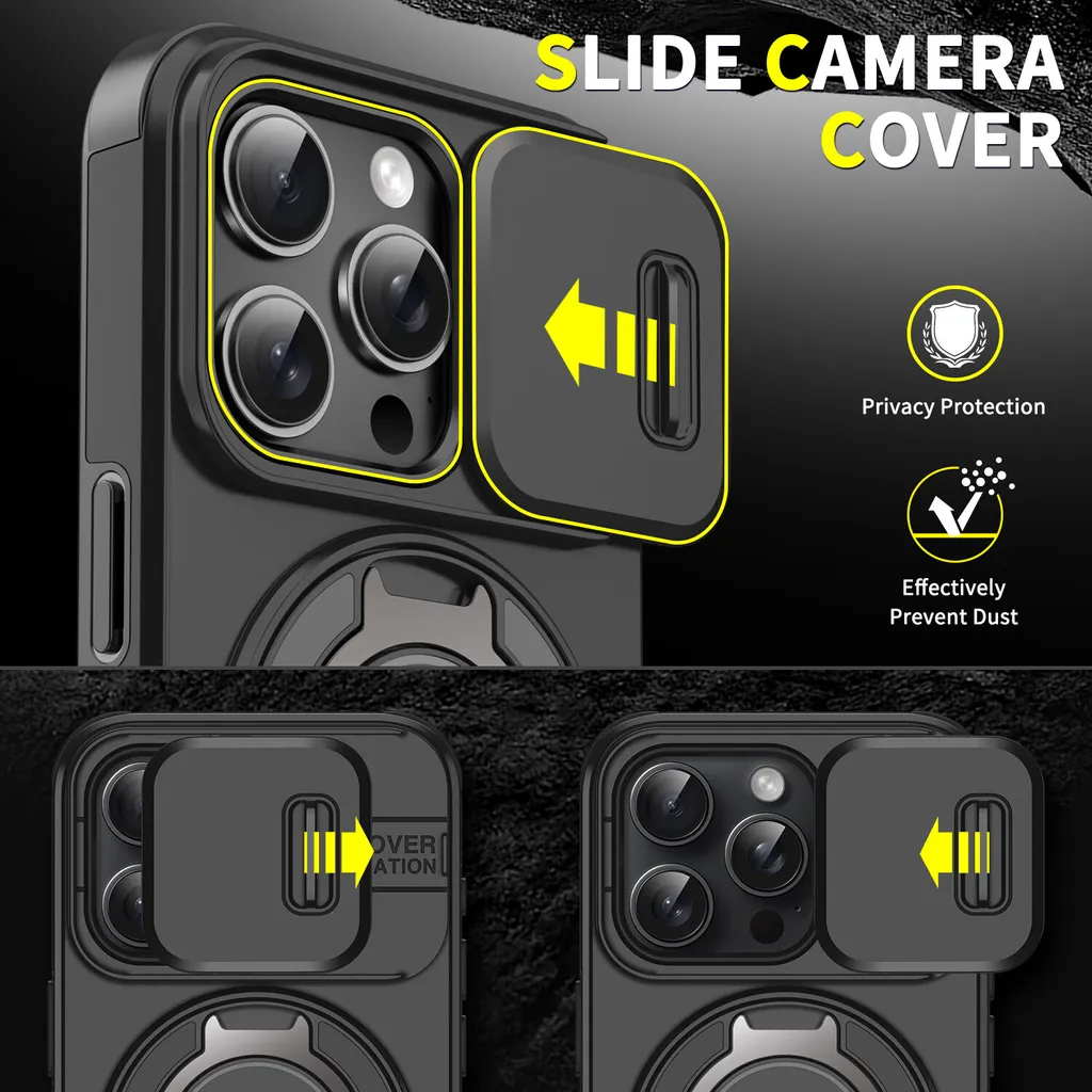 Custodia iPhone 15 Nera con Slide Camera e Anello - Stile Urban - 2