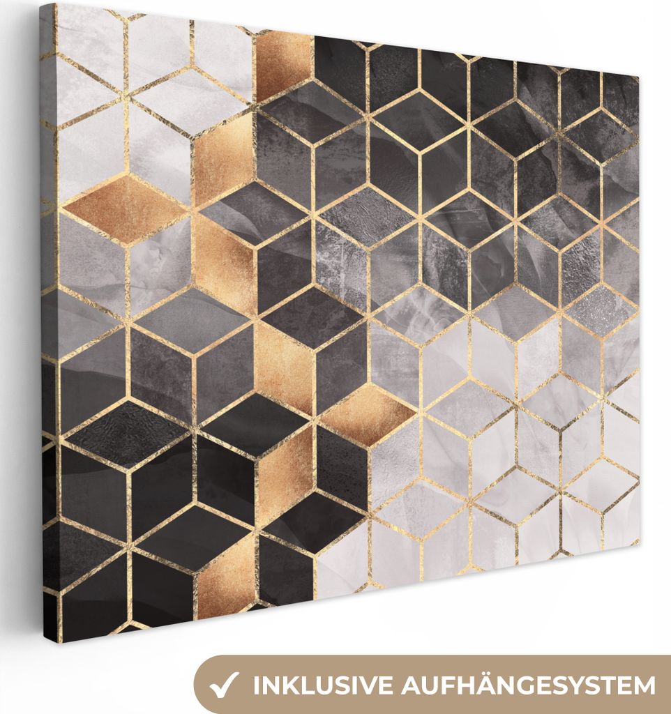 MuchoWow - Leinwandbilder - Abstrakt - Würfel - Gold - Muster - Schwarz - Weiß, Wandbild, Wanddeko Bilder Wohnzimmer, 40x30 cm