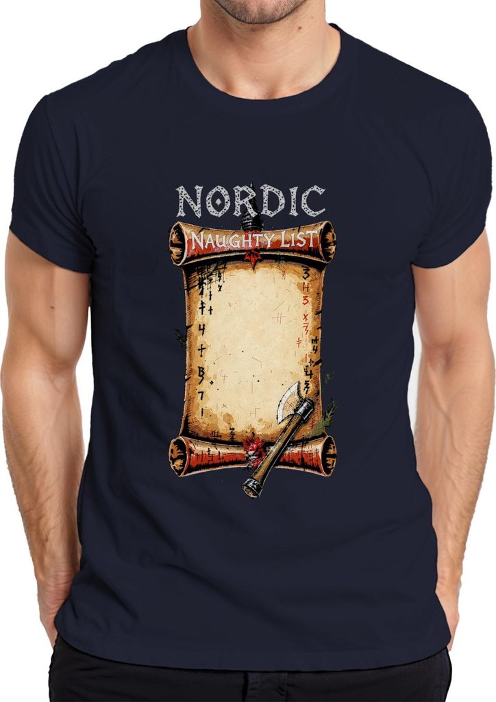 Viking Nordic Naughty List Runes Axt Weihnachtsgeschenk Retro Herren T-Shirt, Navy, XXL