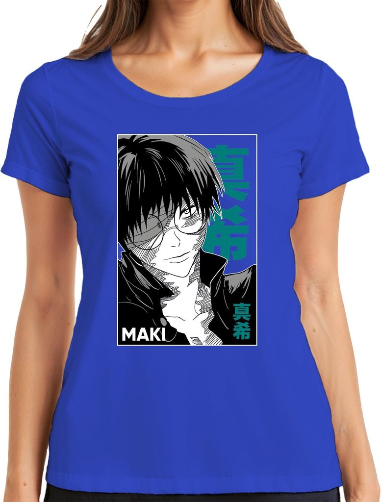 Anime Manga MAKI Brille schwarz weiß Cool Geschenk Otaku Retro Damen T-Shirt, Blau, S
