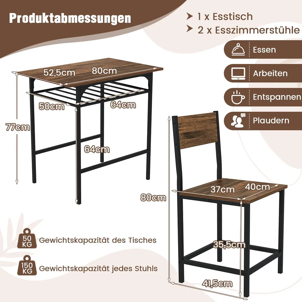 Petit Ensemble Repas pour 2 Personnes avec Table et Chaises Style Industriel - 3