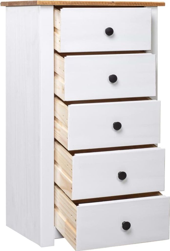 A white wooden chest of drawers with a wooden top, with the drawers slightly open.