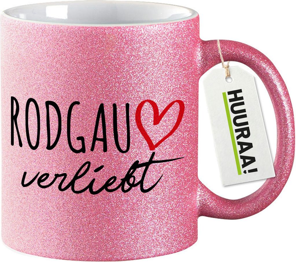 Huuraa Glitzertasse Rodgau verliebt 330ml Pink Keramik Kaffeebecher Geschenkidee