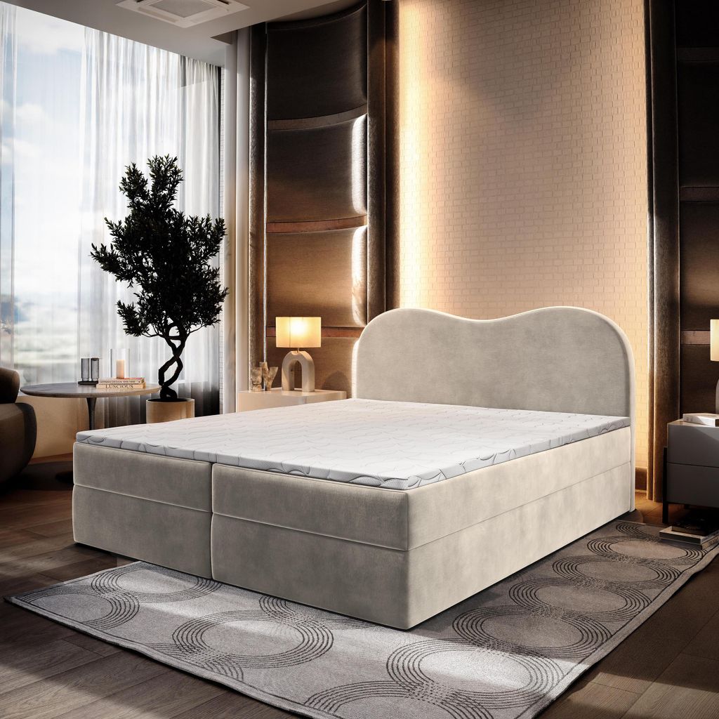 Masseno Boxspringbett FLUVIA M 160x200 cm Komplett-Set mit Bonell Matratze und Topper, Polsterbett mit Bettkästen -Creme, MONOLITH 04