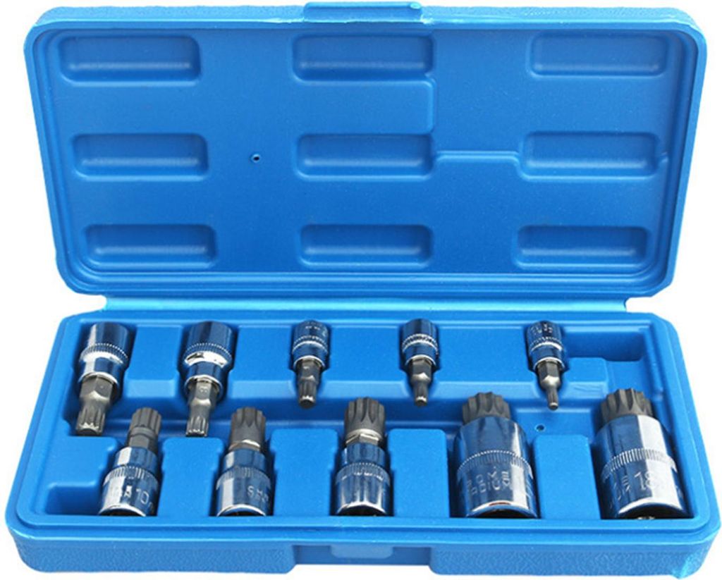 10-teiliges Set mit 12-Punkt-Dreifachvierkant-Spindel-Bit-Steckschlüsseln und tragbarem Werkzeugkasten