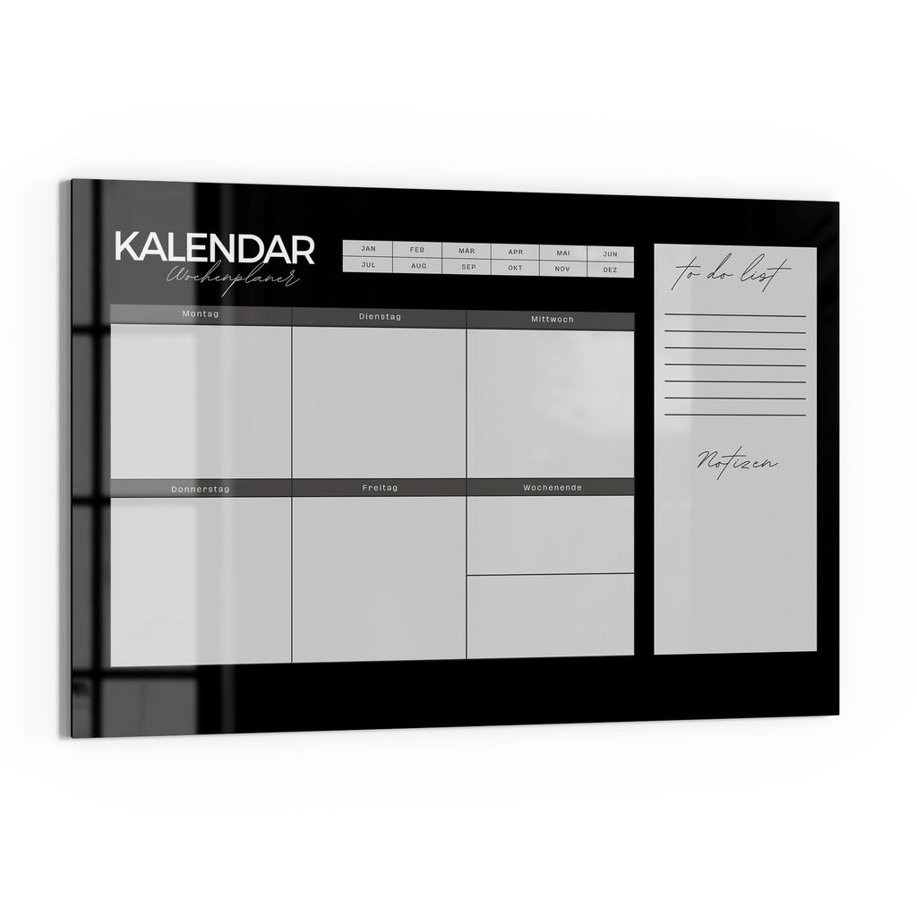 DEQORI Magnettafel Glas 90x60 cm 'Wochenplaner Schwarz (DE)' beschreibbar Whiteboard Küche