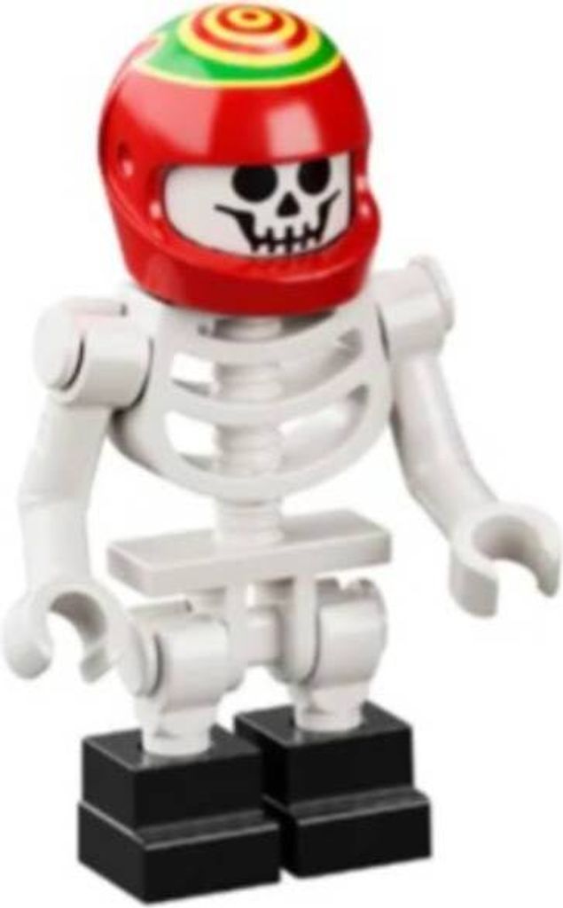 A Lego skeleton figure wearing a racing helmet.