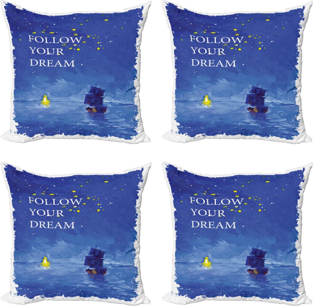 ABAKUHAUS Segelboot Kissenbezug Set (4 Stück), Meer in Richtung Leuchtturm, Moderner Doppelseitiger Digitaldruck, 40 cm x 40 cm, Kobalt-Blau und Gelb