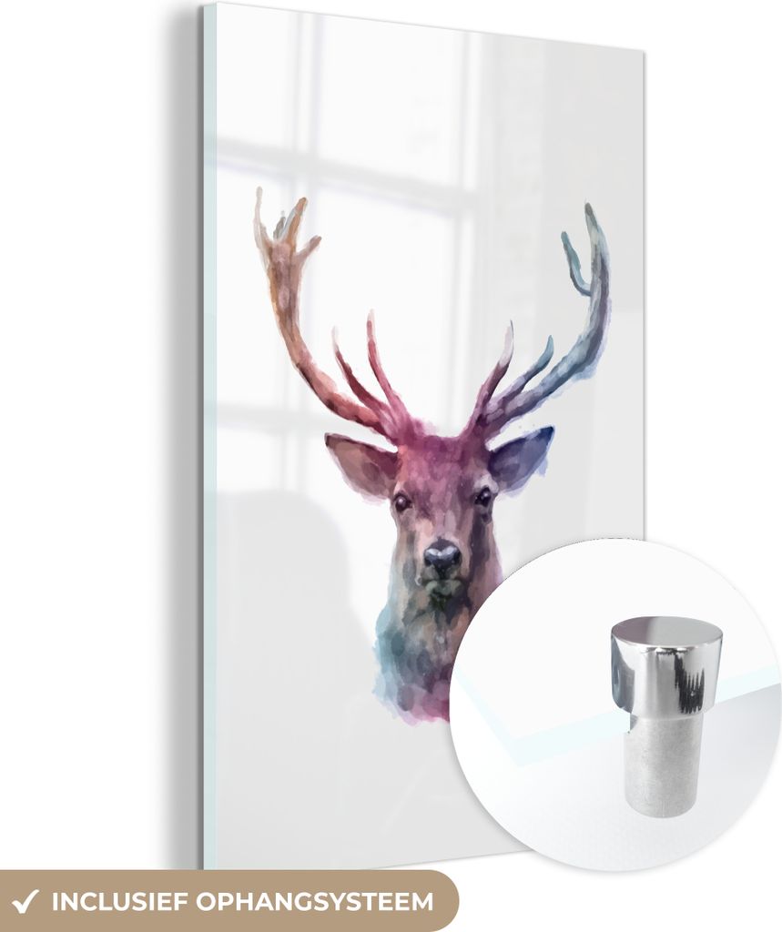 MuchoWow Glasbilder - Bilder auf Wandbild - Foto auf Glas Hirsche - Aquarell - Weiß 80x120 cm Wanddekoration aus Glas - Acrylglasbild - Acrylbilde...