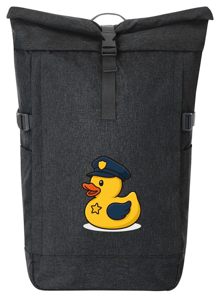 Huuraa Kurierrucksack Quietscheente Polizei Comic Gummiente 30-44 Liter Black Melange Fairtrade Rolltop Rucksack Geschenkidee