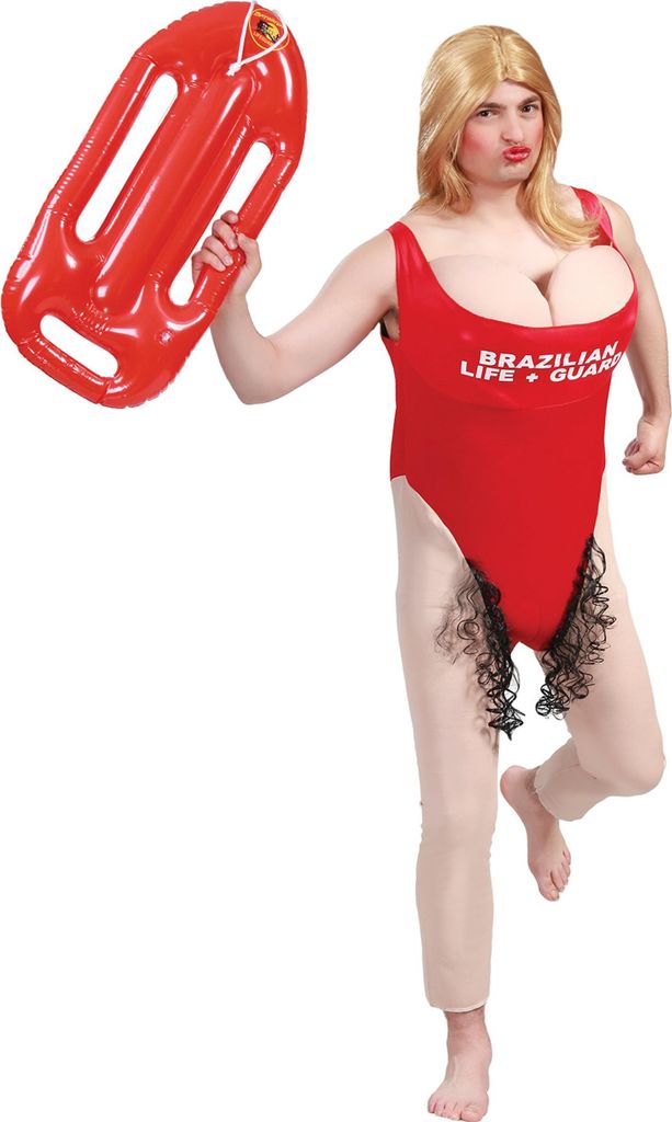 A person wearing a novelty lifeguard costume.