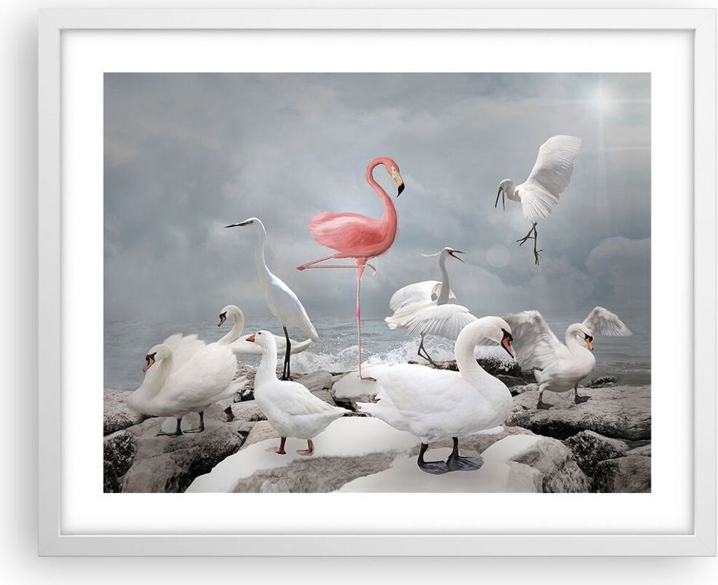 Gerahmtes Poster - Weißer Rahmen - Flamingo Schwan Fantasie - 50x40 cm - Wand Bild - Wanddeko - Wandbilder - Kunstposter - Wandposter - Bilderrahm...