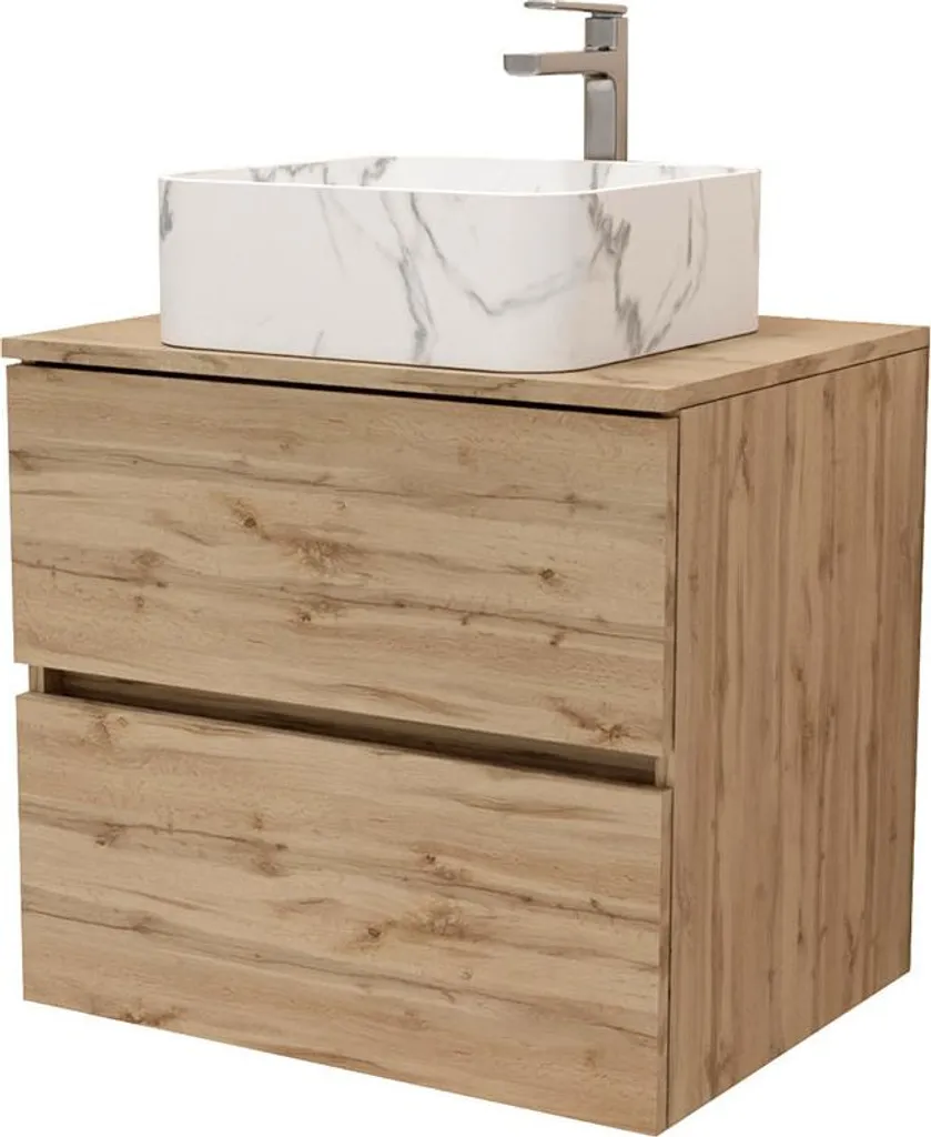 Ensemble Meuble sous Vasque 80cm 2 Tiroirs Bois et Vasque à Poser Blanche
