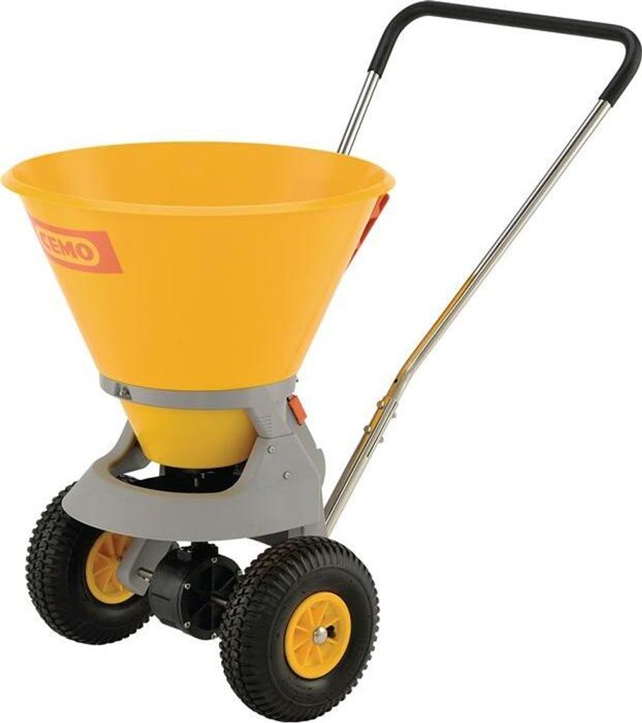 A yellow and gray fertilizer spreader on a white background.