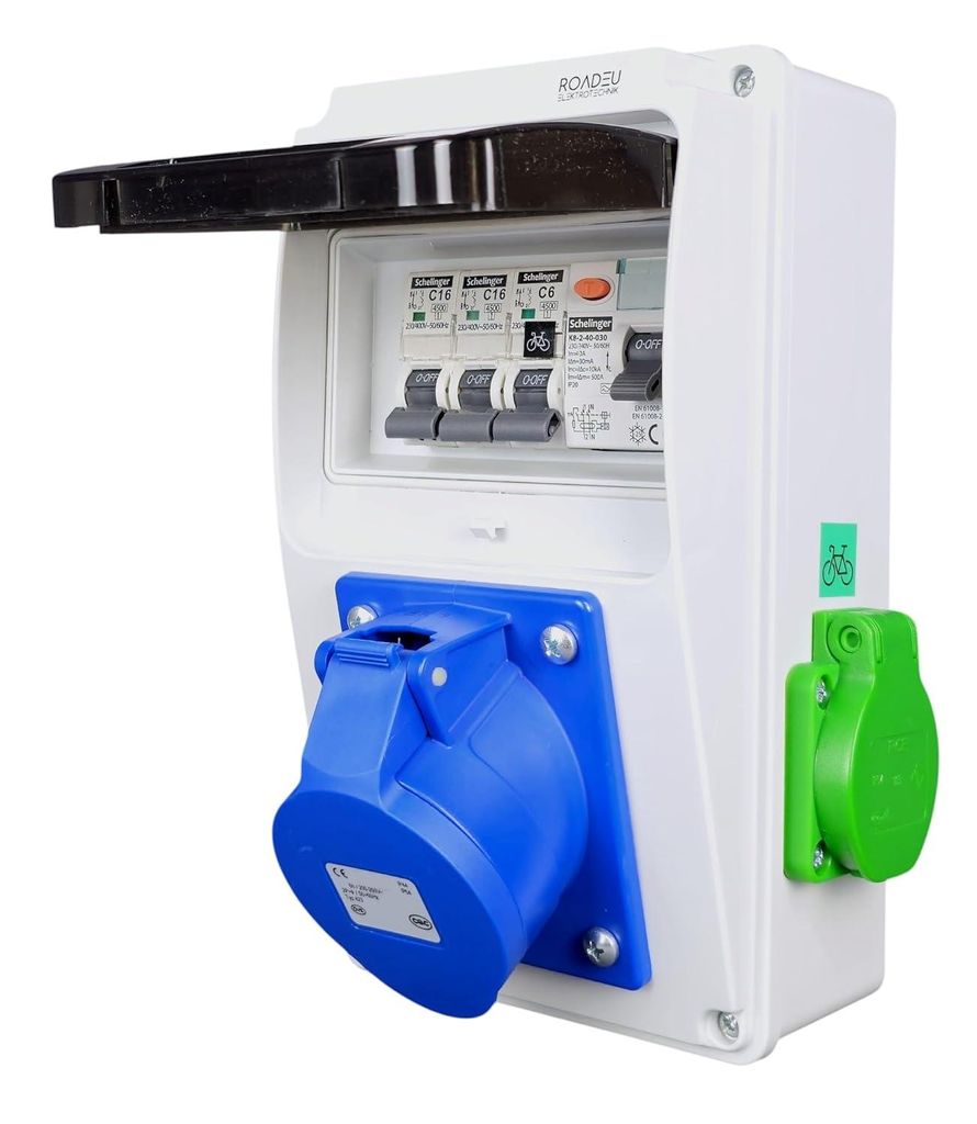 RoadEu - Hybrid Stromverteiler, CEE 16A 3P, Schuko & E-Bike-Steckdose, FI-Schutzschalter Typ A 30mA Leitungsschutzschalter C6A/C16A, IP44 Wandmontage