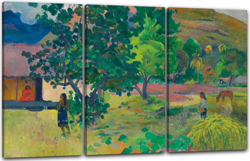 Leinwandbild 3-teilig (120x80cm): Paul Gauguin - Das haus (Te Fare), echter Holz-Keilrahmen inkl. Aufhänger, handgefertigt in Deutschland