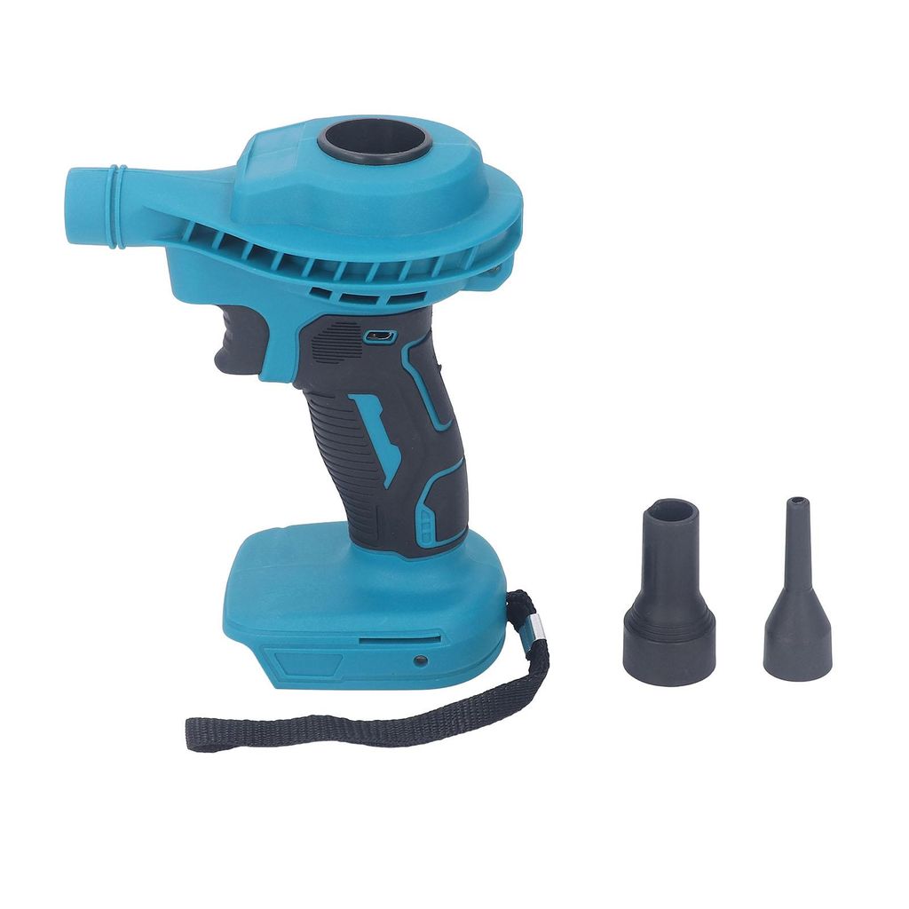 A teal and black cordless electric air blower with two nozzle attachments on a white background.