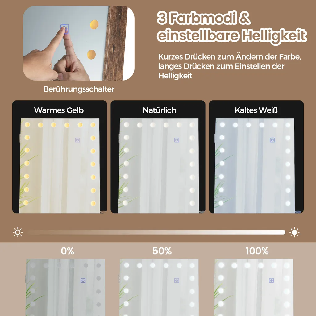 Miroir Psyché Armoire à Bijoux avec Éclairage LED et Rangement Brun - 5