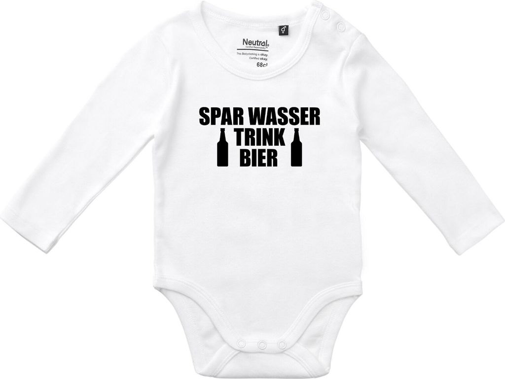 Huuraa Baby Body Spar Wasser Trink Bier Bierflasche 80 White Baumwolle Fairtrade Langarmbody Geschenkidee