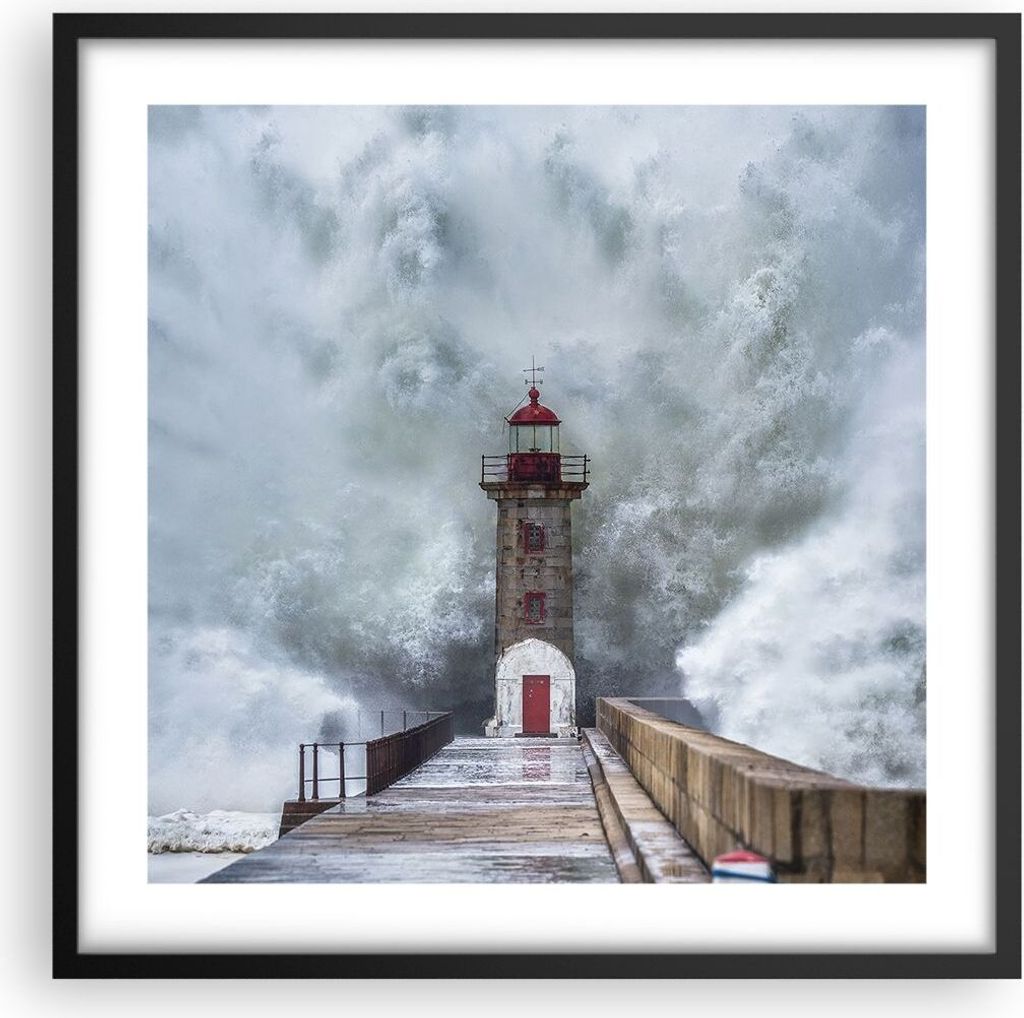 Gerahmtes Poster - Schwarzer Rahmen - Laterne Meer Sturm - 50x50 cm - Wand Bild - Wanddeko - Wandbilder - Kunstposter - Wandposter - Bilderrahmen -...