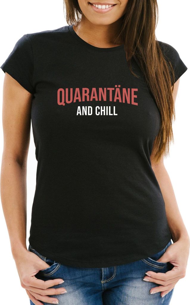 Damen T-Shirt Quarantäne and chill Parodie Serien streamen Virus zuhause bleiben Moonworks schwarz L