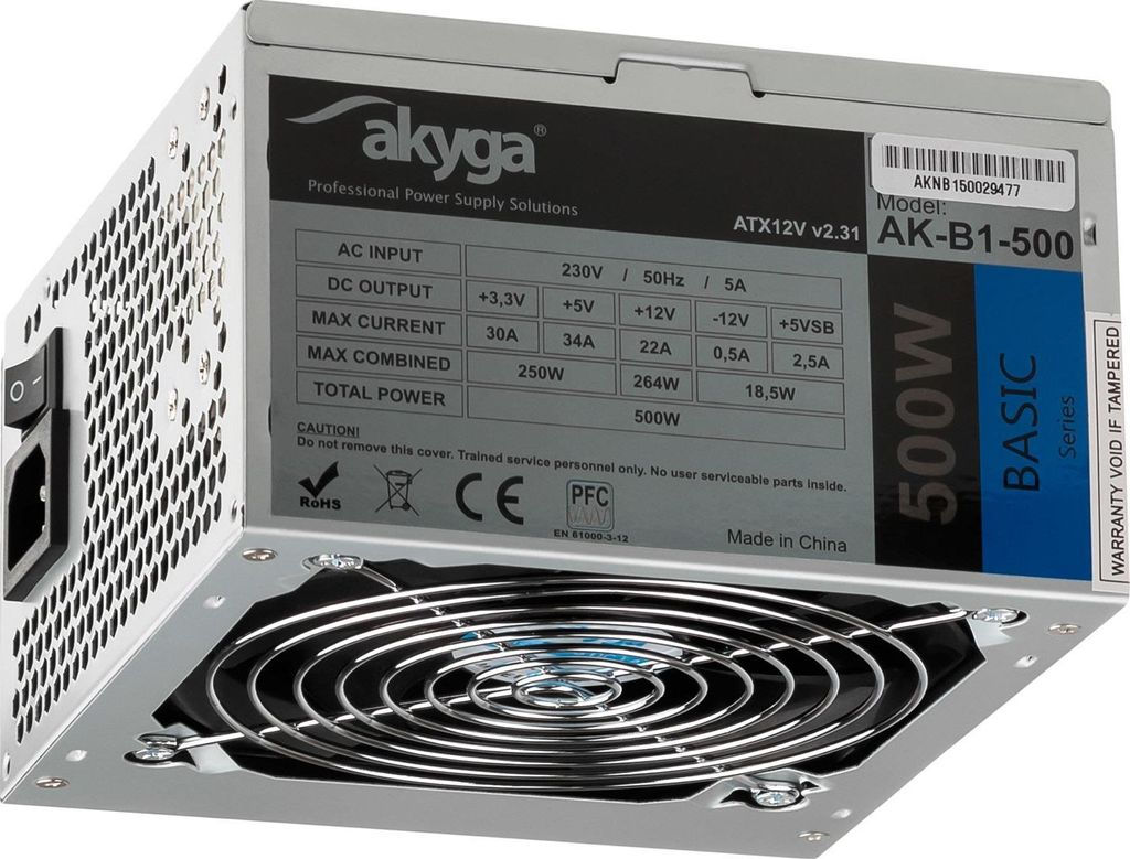 Akyga ATX-Netzteil, 500 W, Basislüfter, 120 mm, P4 3xSATA PCI-E