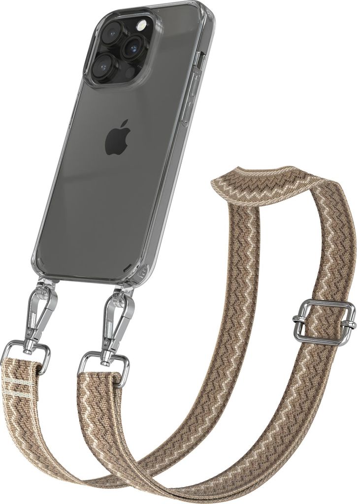 Apple iPhone 14 Pro Chain Eyelets Slim Neck Strap Set Wave Style 07 light Brown/Brown 01 Metall Silver