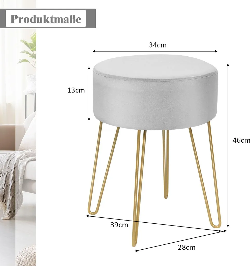 Tabouret pouf rond en velours gris et pieds métal pour coiffeuse - 2