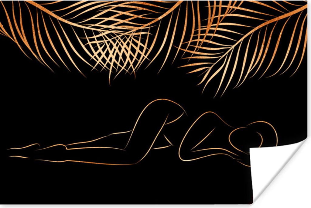 MuchoWow Poster Frau - Palmwedel - Gold - Strichzeichnung 180x120 cm - Fotoplakat