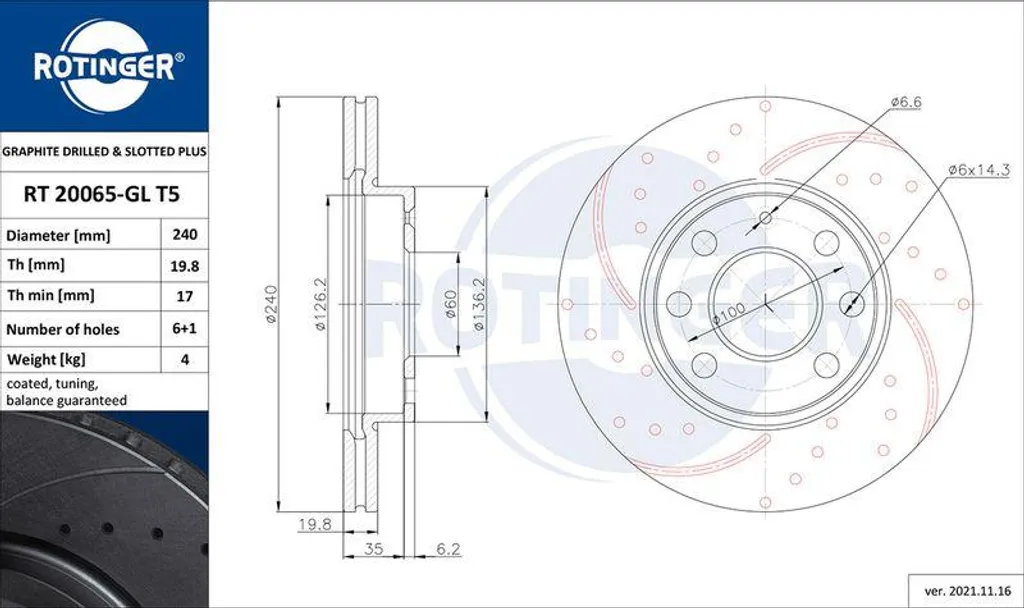 Disque de frein ROTINGER RT 20065-GL T5 OE 569021 pour Opel Corsa C