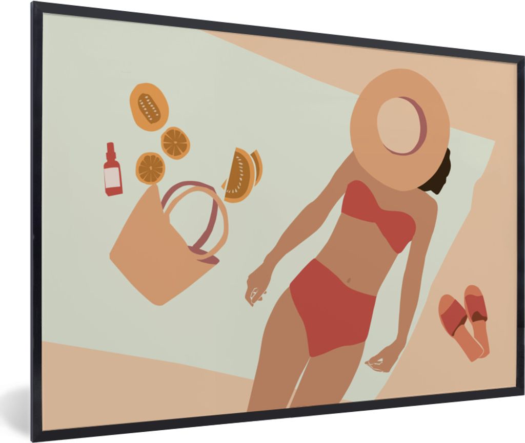 MuchoWow MuchoWow Gerahmtes Poster Frau - Hut - Pantoffeln - Strandtuch 60x40 cm - Poster mit zchwarzem Bilderrahmen - Printing - Wanddeko Schl...