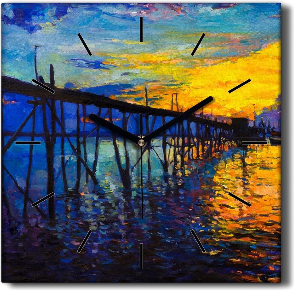 Coloray Hodiny Unikátní 30x30 cm Tiché hodiny Pro obývací pokoj a kuchyň Nástěnné hodiny Plátno Černé ručičky hodin - Pier Sunset