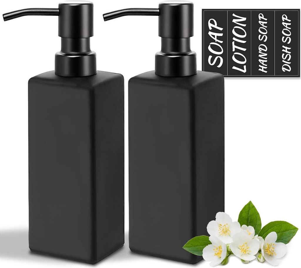 Soap Dispenser Glass Black Matt with Smooth Pump Made of Stainless Steel, 350 ml, Stylish Vintage Soap Dispenser for Kitchens and Bathrooms, Reusab...