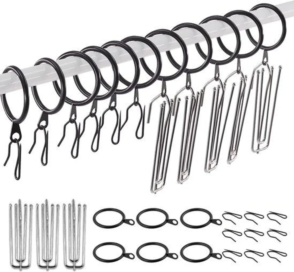 Anneaux Rideaux Anti-Rouille avec Pinces Noires pour Tringle 35mm
