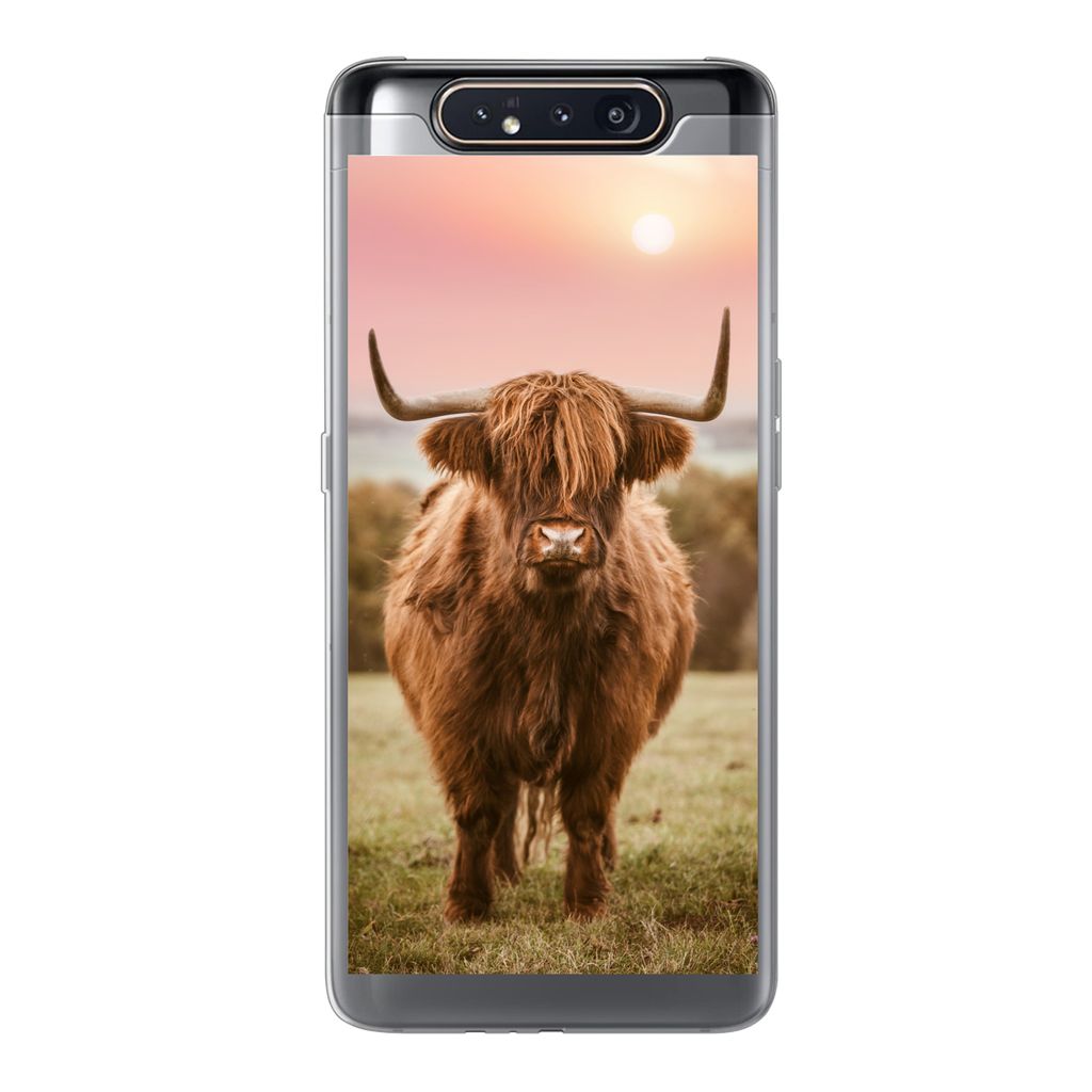 MuchoWow Handyhülle Schutzhülle Hülle für Samsung Galaxy A80 Schottischer Highlander - Sonne - Himmel Silikon Softcase Handy Hülle - Schutzd...