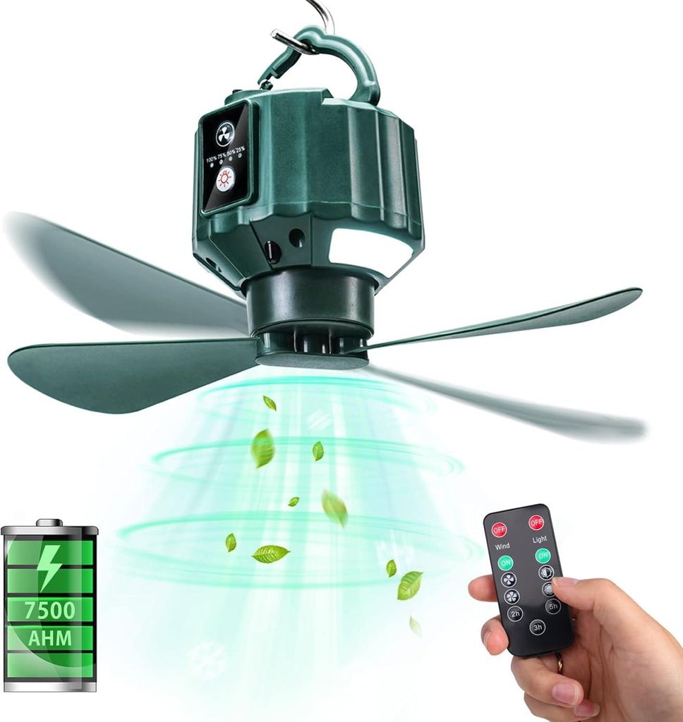 Tragbare Deckenventilatoren mit Fernbedienung, Powerbank, batteriebetriebener Campingventilator mit USB-Anschluss und Aufhängehaken für Baldachin...
