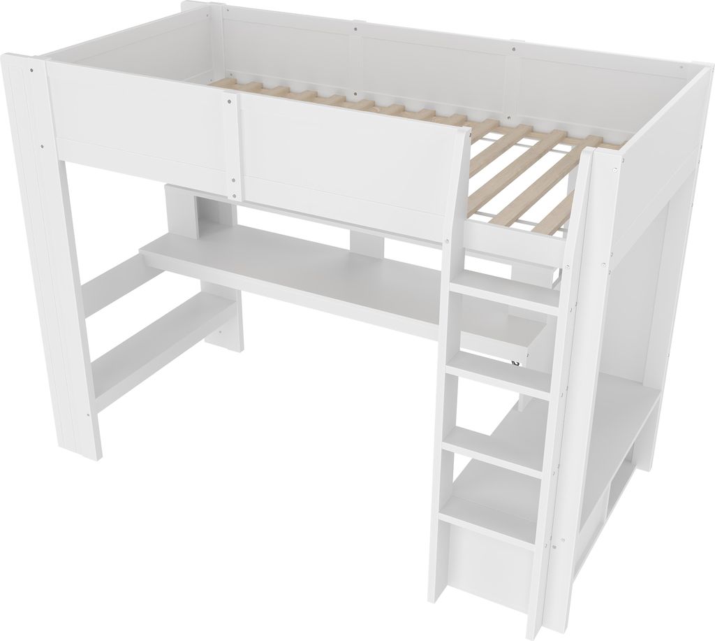 okwish Hochbett 90×200 Jugendbettmit Top-Schreibtischdesign und 16 Farben LED-Beleuchtung,Holzbett mit Geländer,mit Regalen und Schubladen,ohne M...
