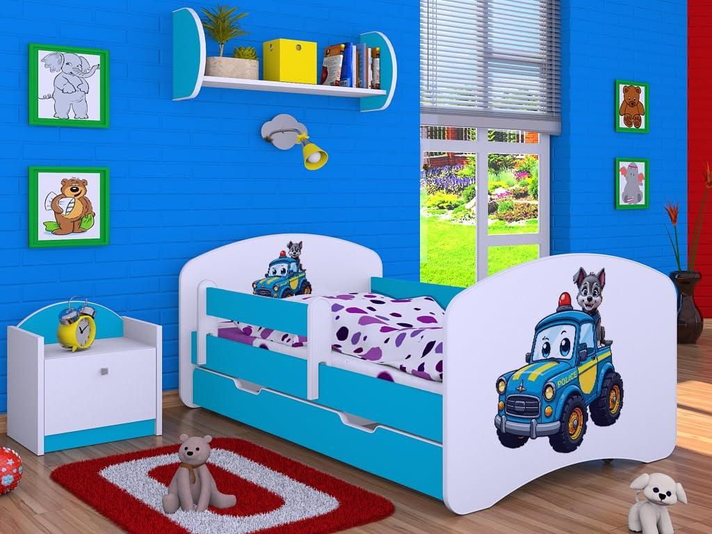 Happy Babies Kinderbett - mit Rausfallschutz Junge 140x70 Bett für Kinderzimmer mit Schublade & Matratze Einzelbett für Kinder Weiß/Blau, Der Hu...