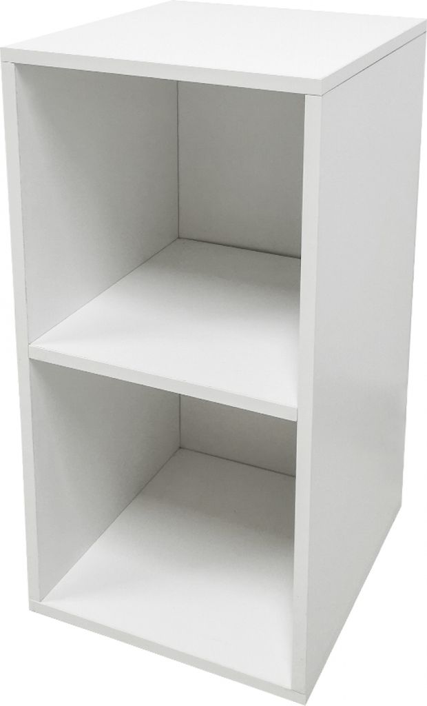 A white, two-shelf storage unit.